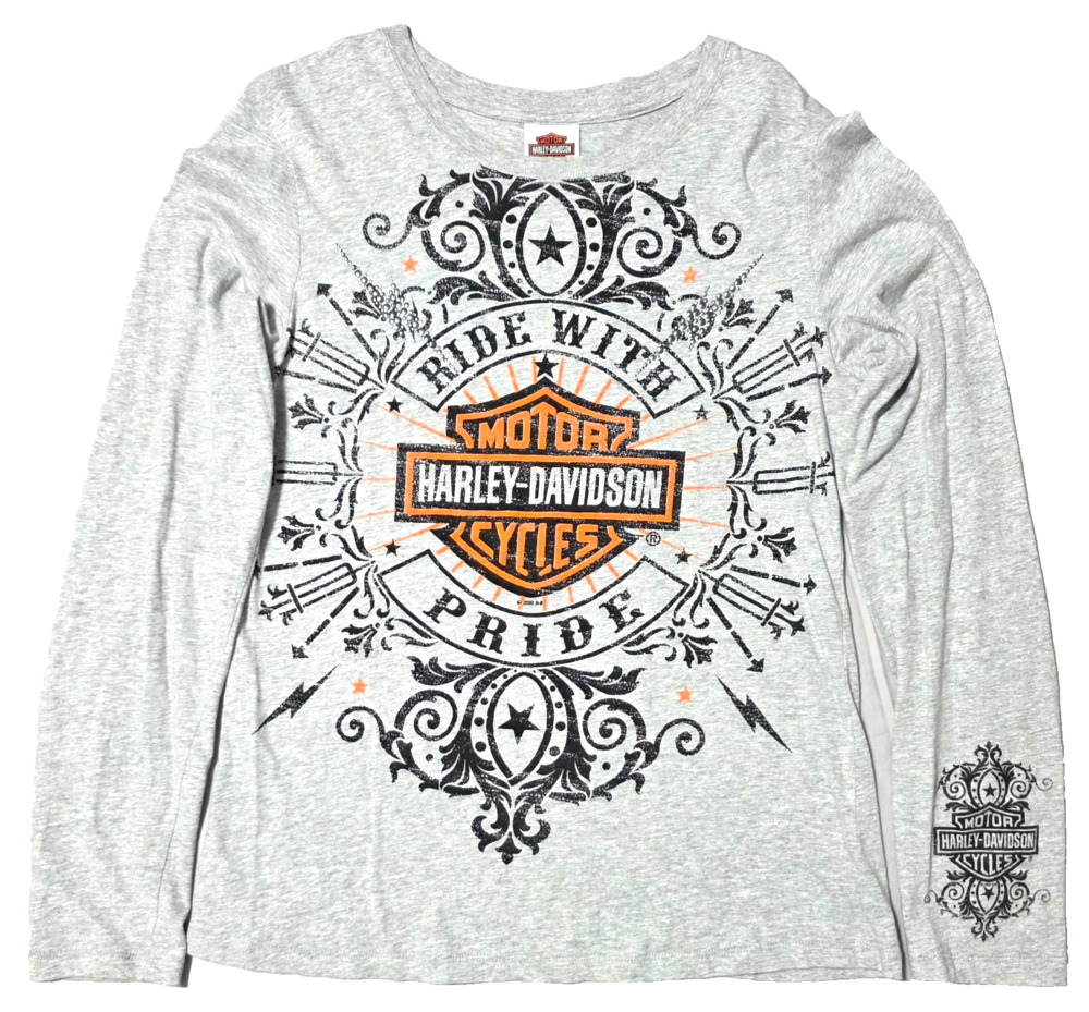 Vintage 2010 Harley-Davidson Women's Long Sleeve Tee, Grey, Graphic Print, Sz M